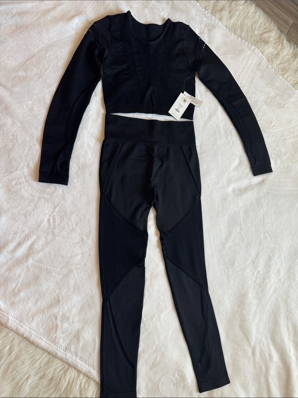 Fashion Nova Black Seamless Long-Sleeve Crop Top & High-Waist Leggings Set